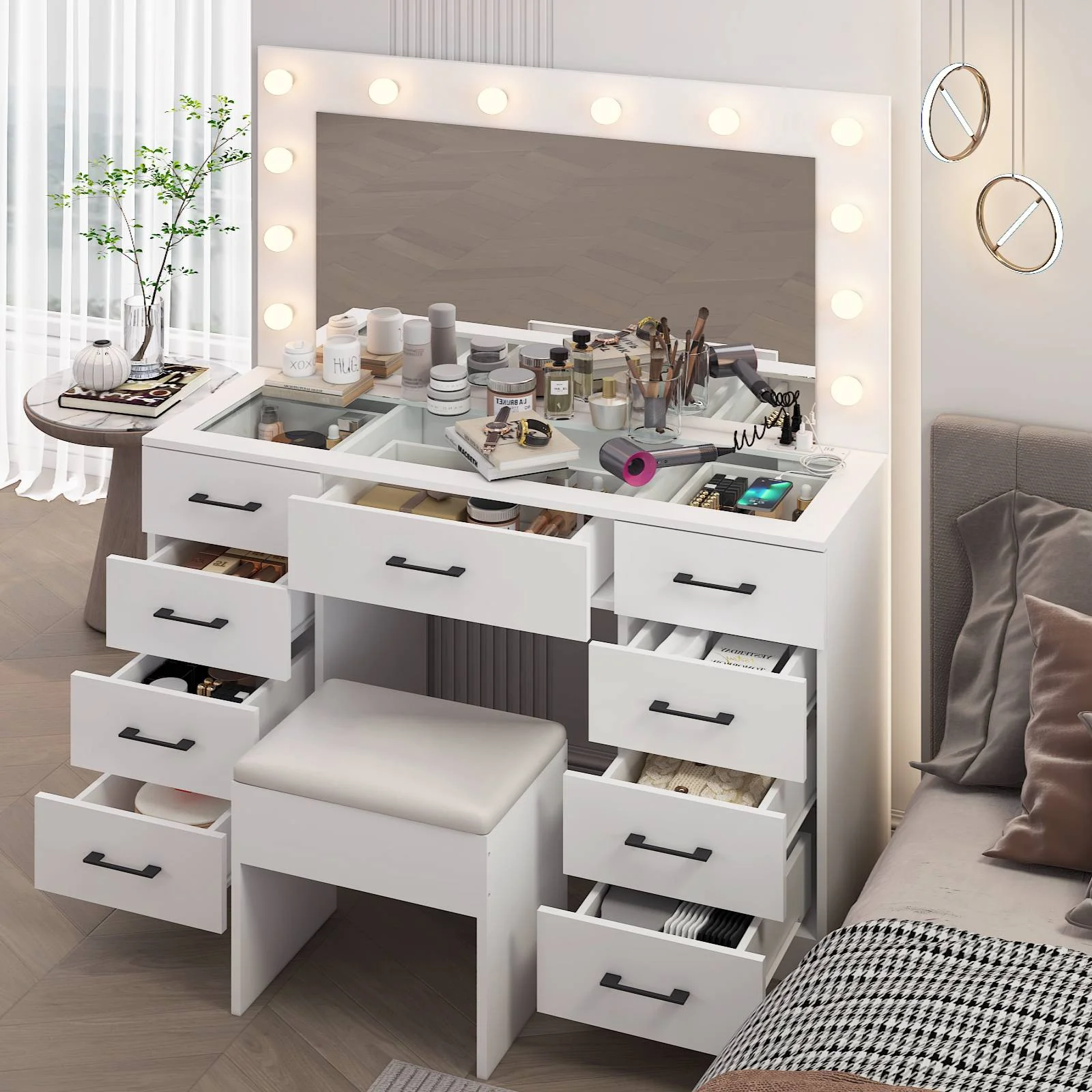 Large Makeup Vanity, Vanity Table Set w/ Visible Glass Top w/ Charging Station, White(White-9 Drawer) - Image 2