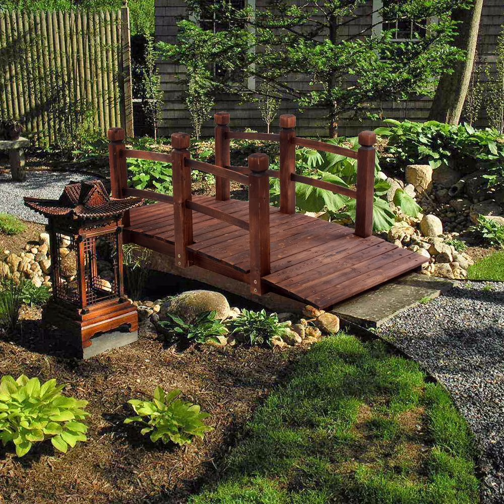 GFNXYI 5 Ft Wooden Garden Bridge with Double Rails, 59 Decorative Arch Bridge for Yard, Pond, Stream, Landscape Walkway �C Outdoor Treated Wood Structure