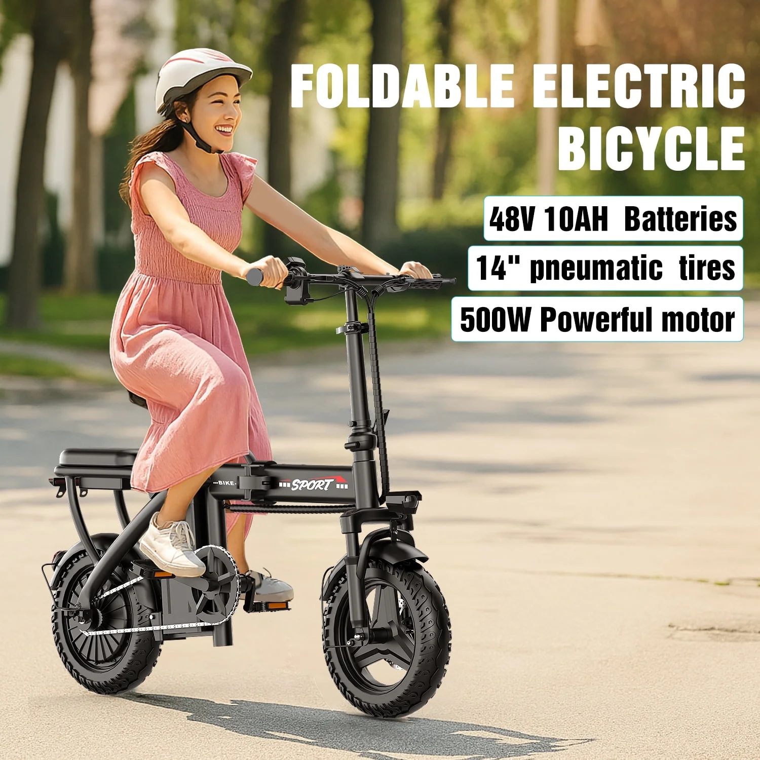 14" Electric Bike with Dual Front Suspension��500W Folding Ebike, Up to 25Miles 20MPH, 48V Removable Lithium-Battery, Stylish 14" Foldable Commuting Electric Bicycle for Women Men - Image 4