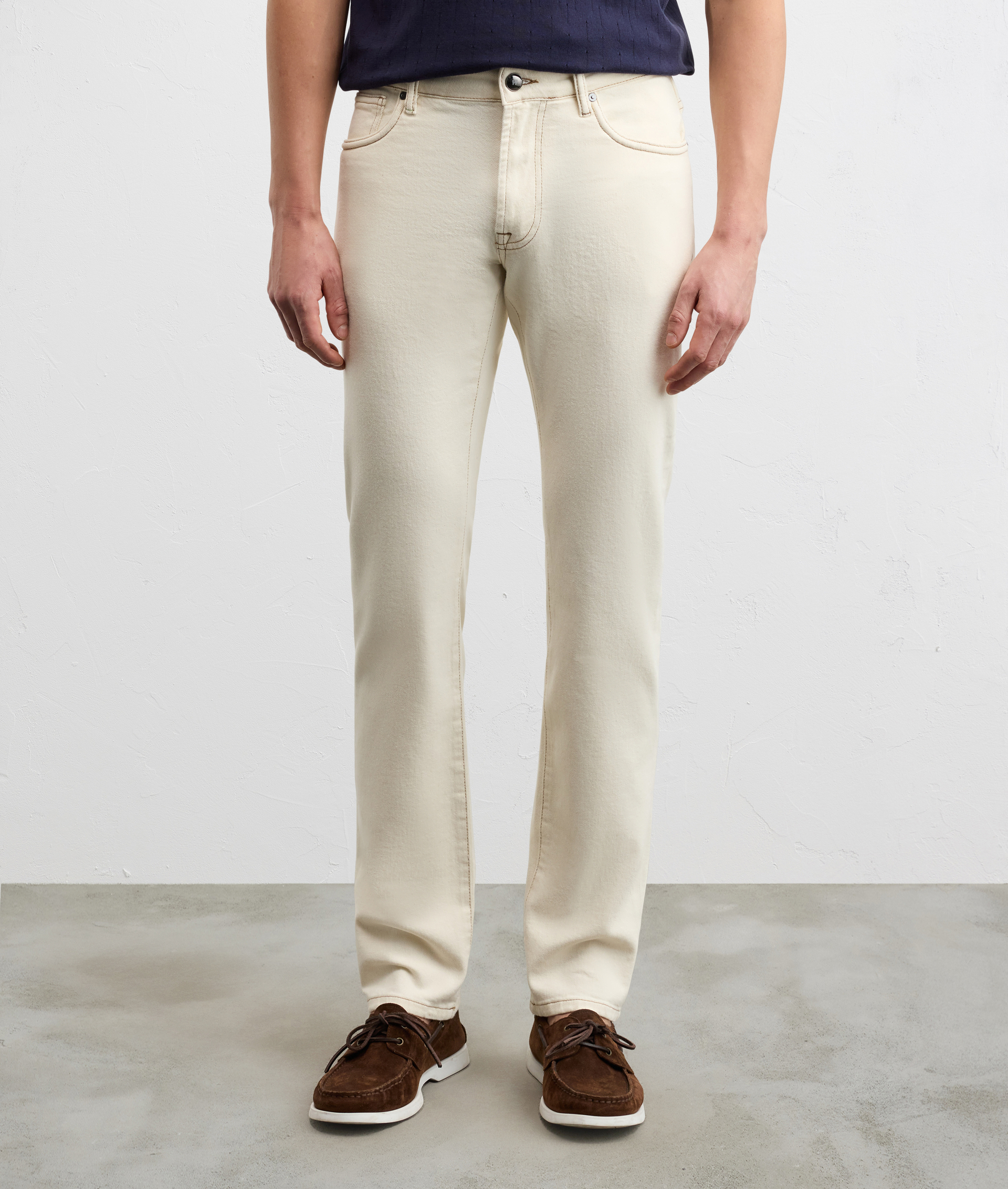 NATURAL COTTON AND ELASTANE DENIM WITH LOGO EMBOSSED ON BACK IN LEATHER