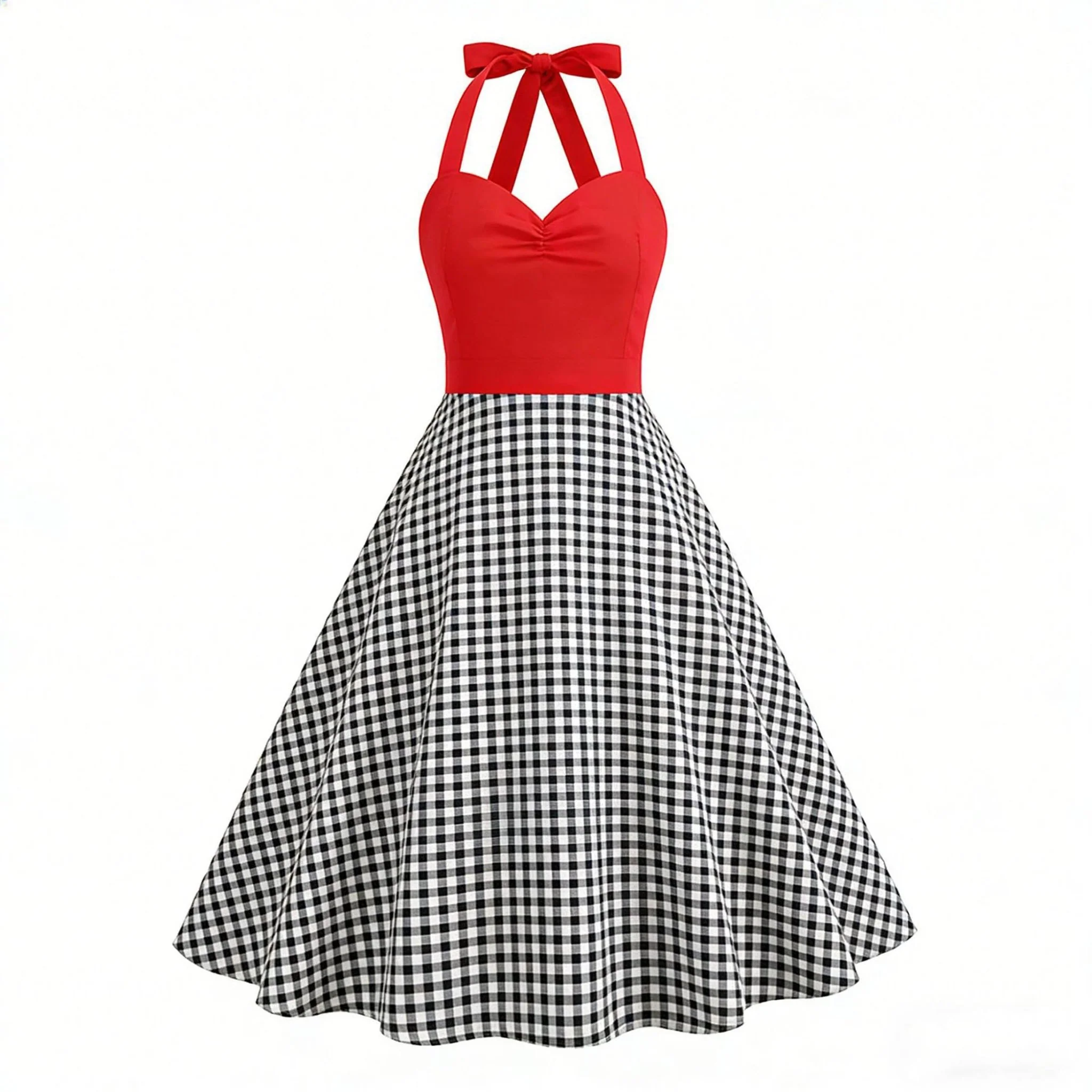 Red & Black Gingham Halter Swing Dress