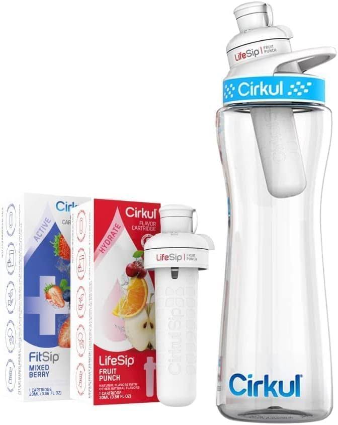 Cirkul 22 oz Plastic Water Bottle Starter Kit with Blue Lid with 1 Fruit Punch & 1 Mixed Berry Cartridge - Great for Staying Hydrated.