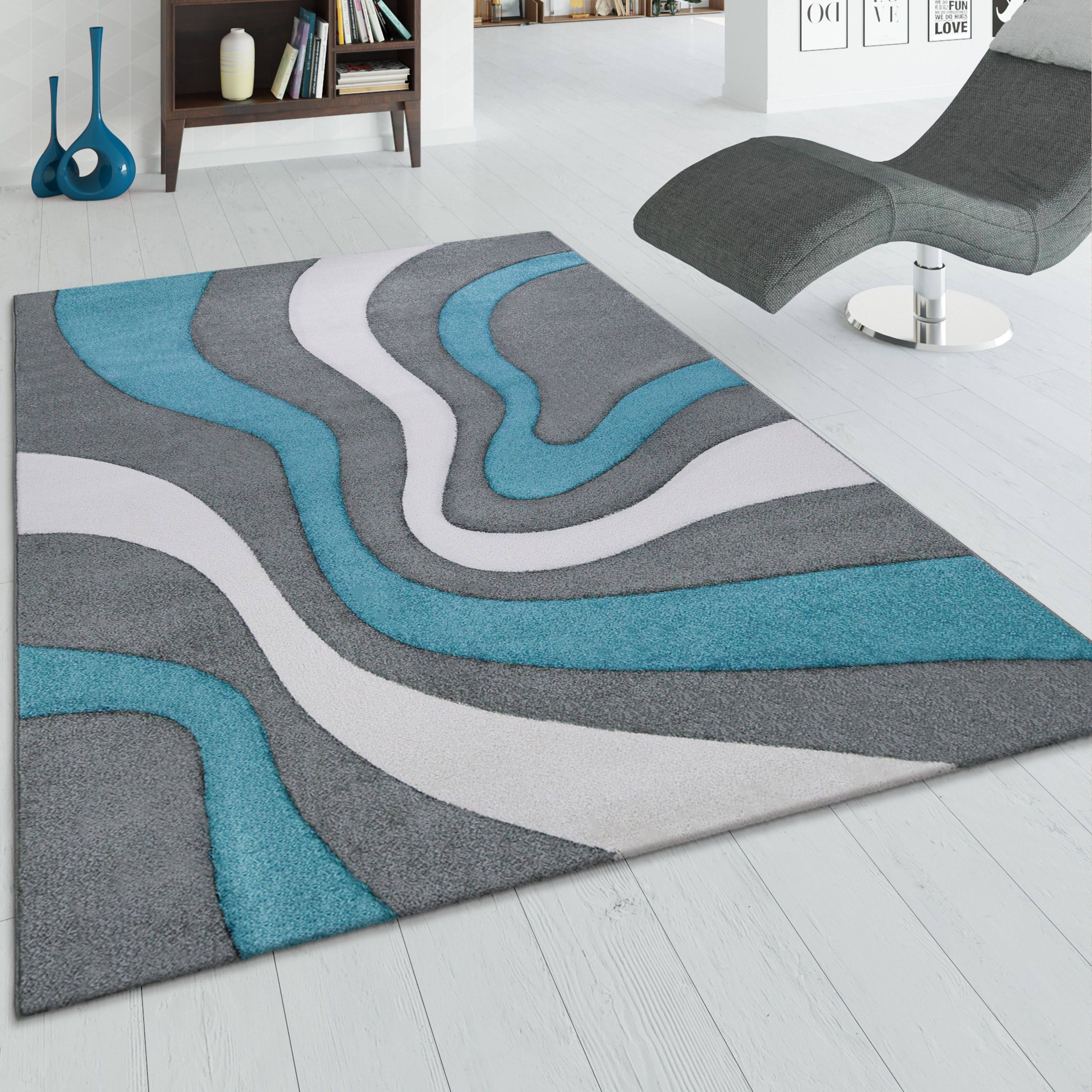 Paco Home Designer Area Rug with Contour Cut and Modern Wave Pattern 2' x 3'7 inch - grey-blue, Size: 2' x 3'7 - Grey-Blue