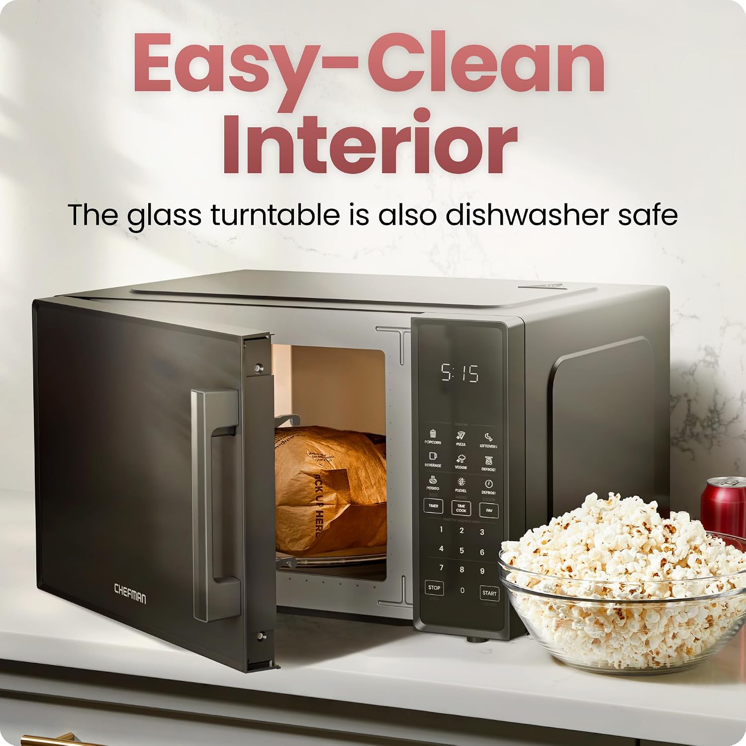 Chefman Countertop Microwave Oven 1.1 Cu 1000 Watts with 10 Power Levels, 6 Cooking Presets with One-Touch Express Cook, Eco Mode, Child Safety Lock, & Mute Button - Black