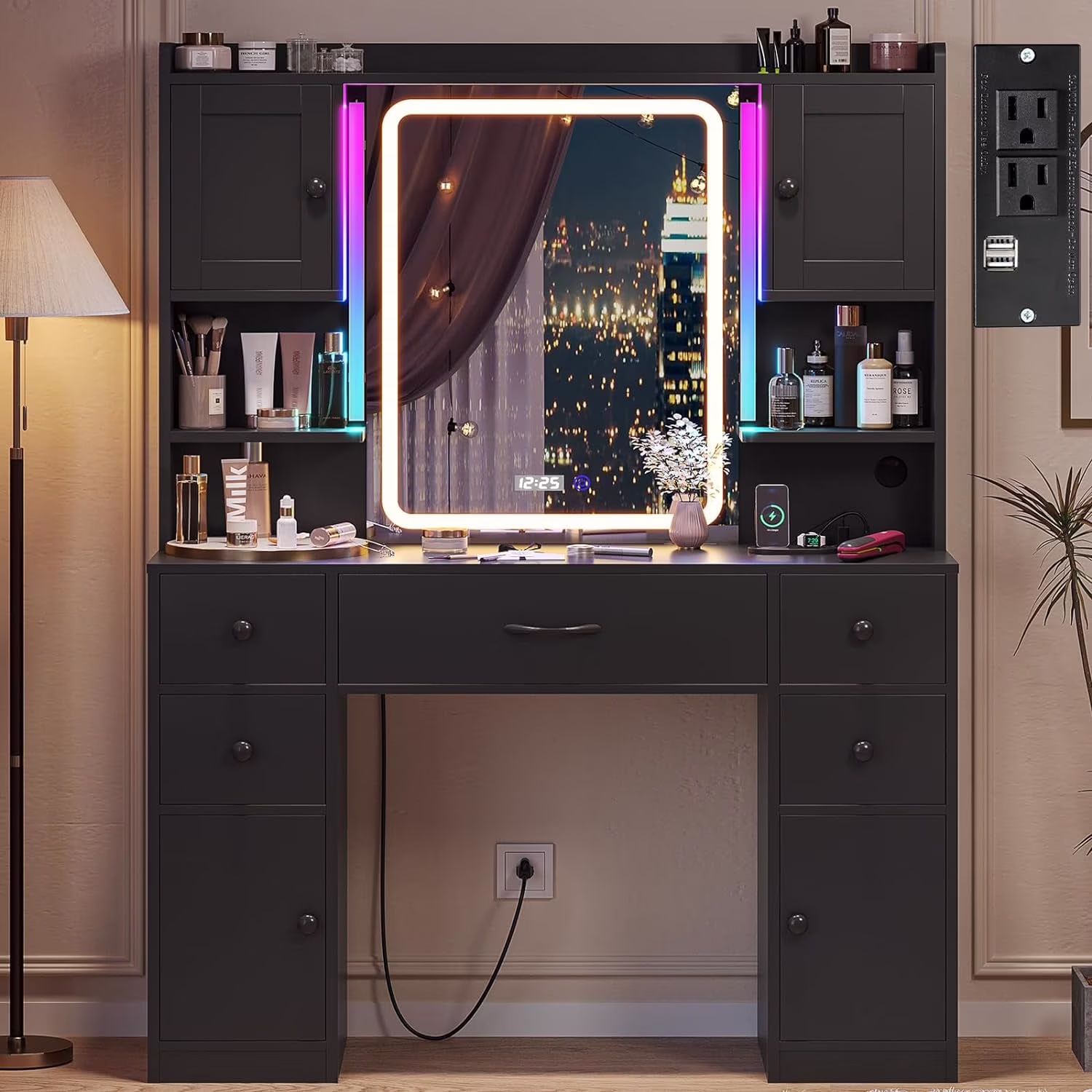 Large Vanity Desk with Lighted Mirror, 5 Drawers Makeup Vanity with Charging Station and Smart Mirror, White(White) - Image 3