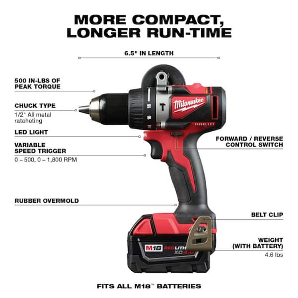 M18 18V Lithium Ion Brushless Cordless Hammer Drill/Impact Combo Kit (2 Tool) with 2 Batteries, Charger and Bag Image 4