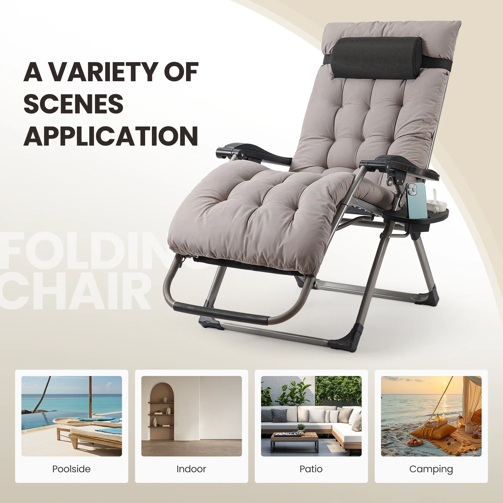 Zero Gravity Chair, Outdoor Foldable Padded Lounge Chair Recliner with Side Table, 353lbs Lounge Chair Sleep Relaxing, Winner - Image 5