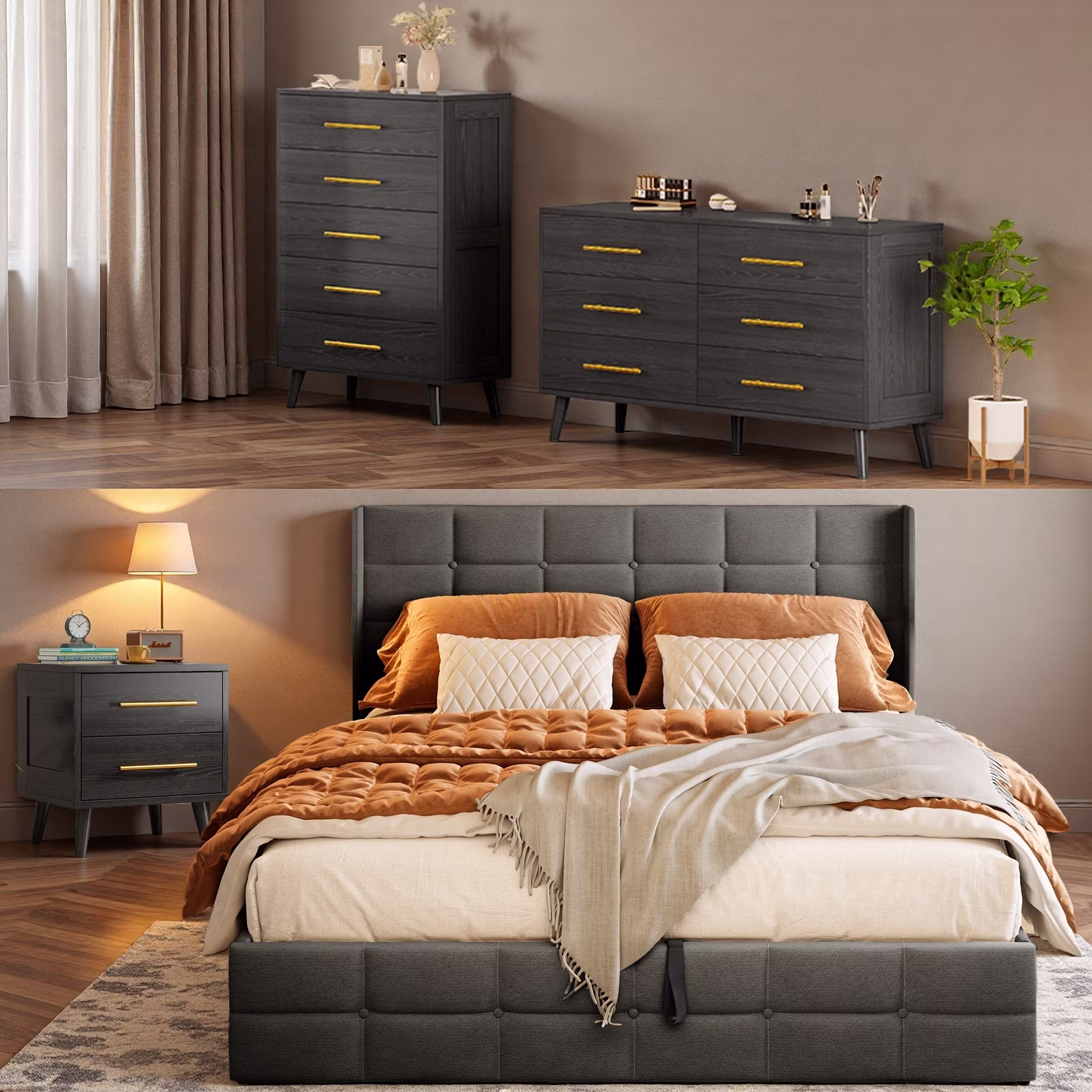 Bedroom Set Includes Full Size Bed Frame (Dark Gray), Nightstands, 5-Drawer Dresser Double Wide 6-Drawer Dresser Modern Storage Solution for Stylish Home Decor, Black