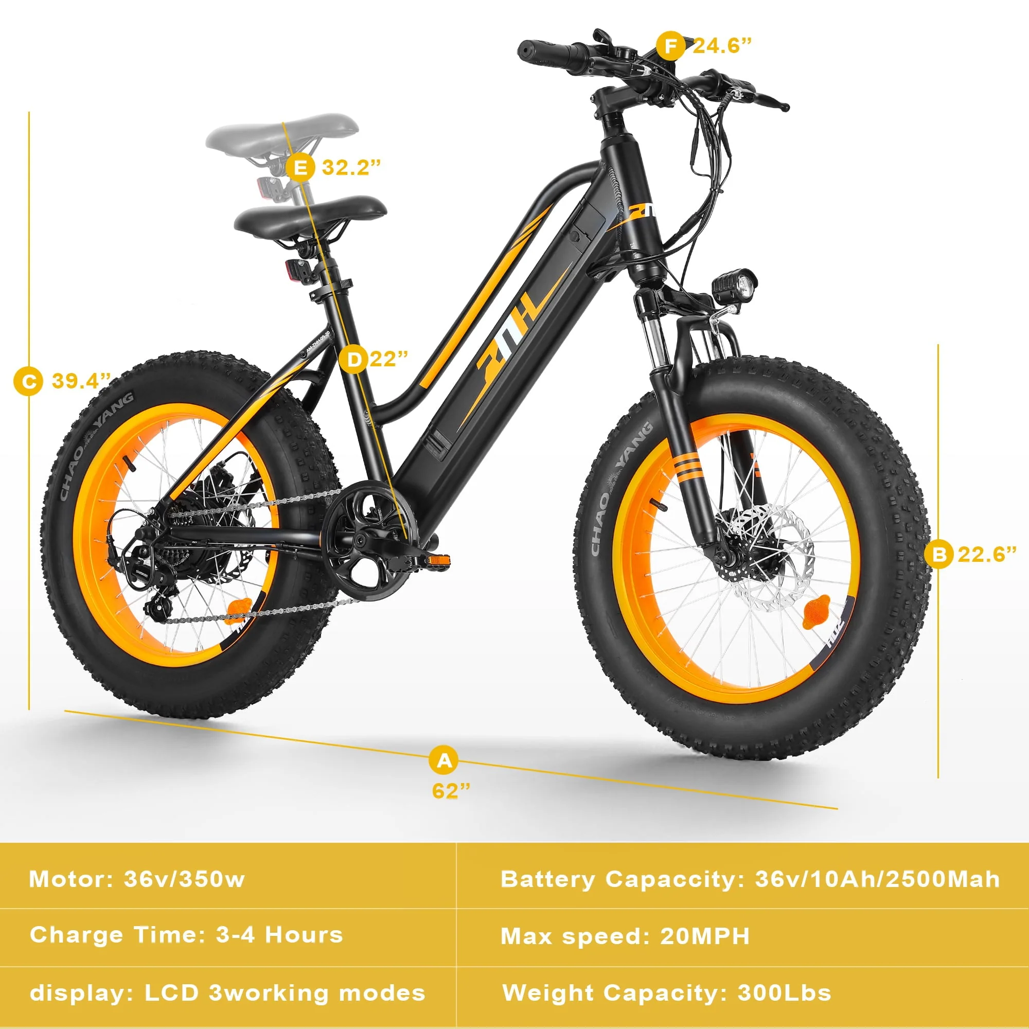 ZNH Fat Tire Electric Bike 20" 350W Ebike for Adult Women Men Teens Step Through Electric Mountain Commute Beach Snow Bicycle 36V 10Ah Removable Battery Shimano 7-Speed