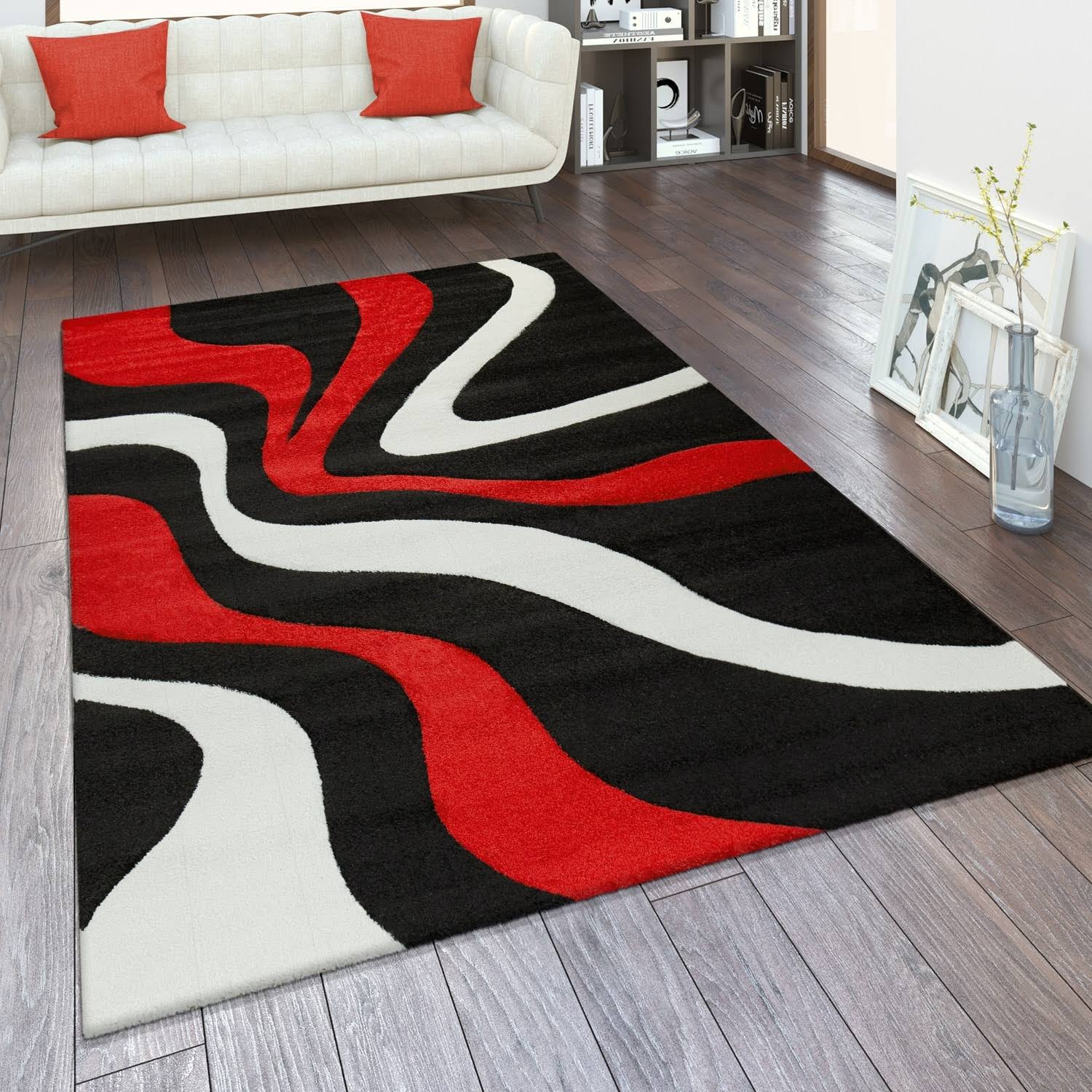 Paco Home Designer Area Rug with Contour Cut and Modern Wave Pattern 5'3 inch x 7'7 inch - black-red, Size: 5'3 x 7'7 - Black-Red