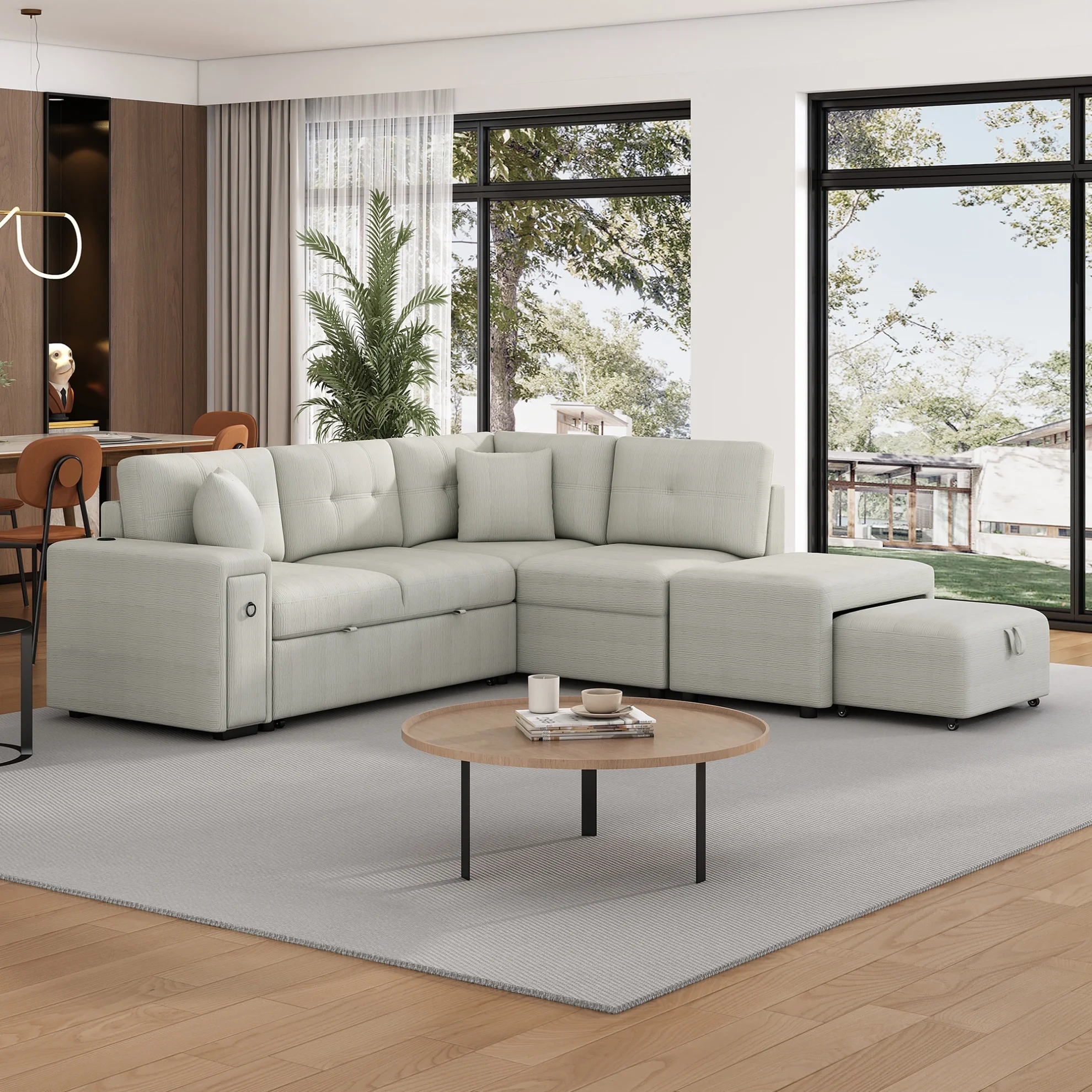 87" Modular Sectional Sleeper Sofa with Pull Out Bed, Convertible L-Shaped Couch with Ottoman, USB Ports and Two Cup Holders for Living Room, Apartment, Bedroom, Gray(Grey) - Image 2