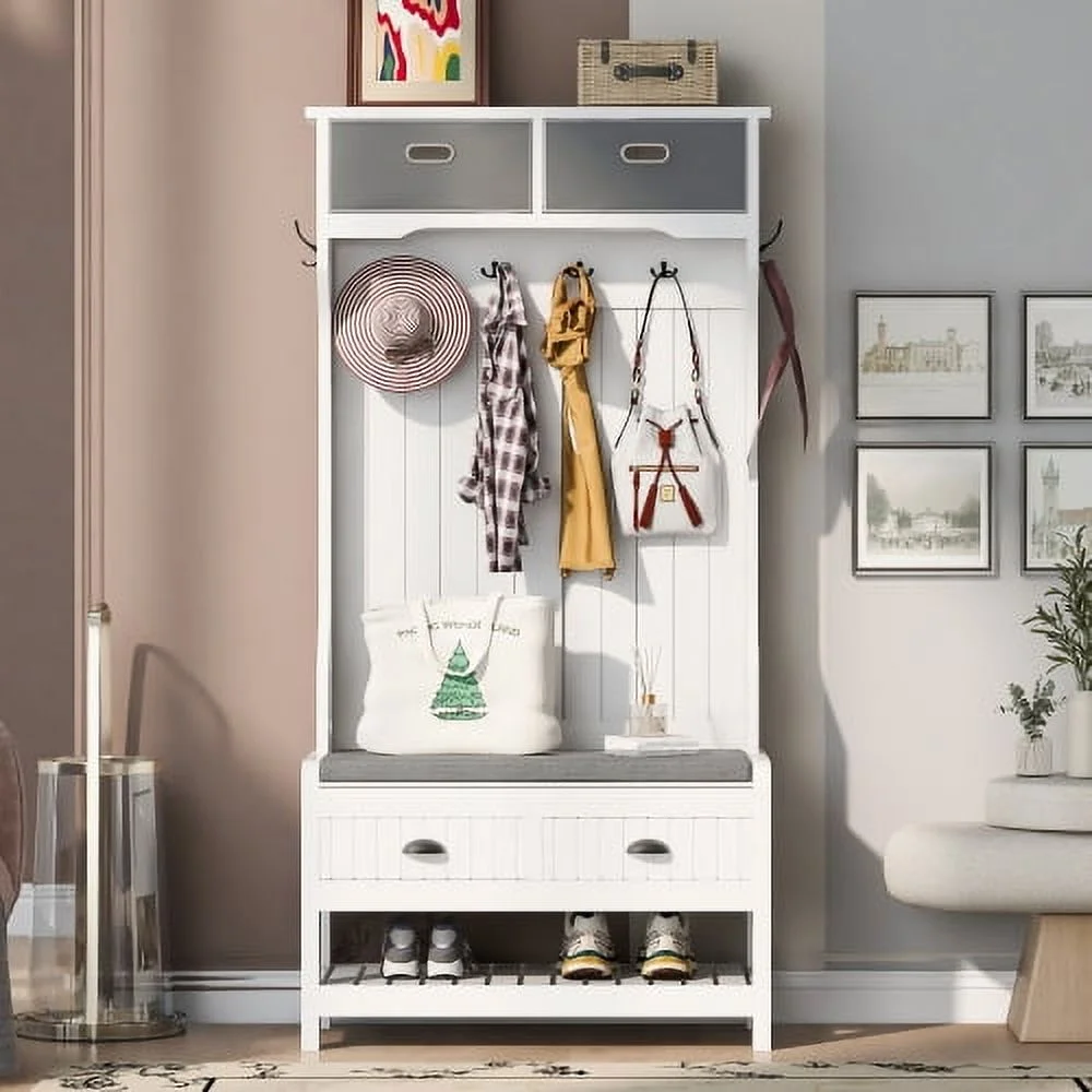 Triple Tree 3-in-1 Multi-Function White Entryway Coat Rack Hanger Storage Hall Tree(White)