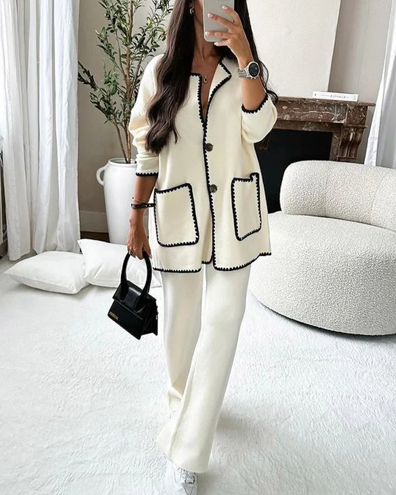 Ensemble Veste Détail Bordure & Pantalon Décontracté
