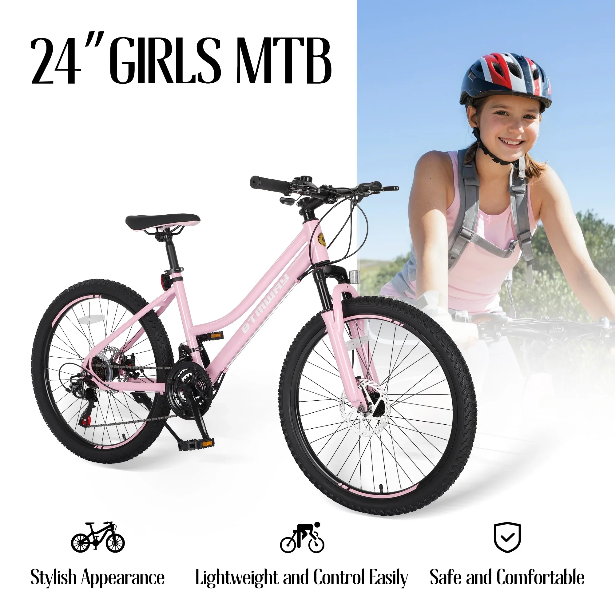 iRerts 24 Inch Mountain Bike, Shimano 21 Speed Mens Mountain Bike, Gear MTB Mens Bicycle with Dual Disc Brakes and Front Suspension, Pink