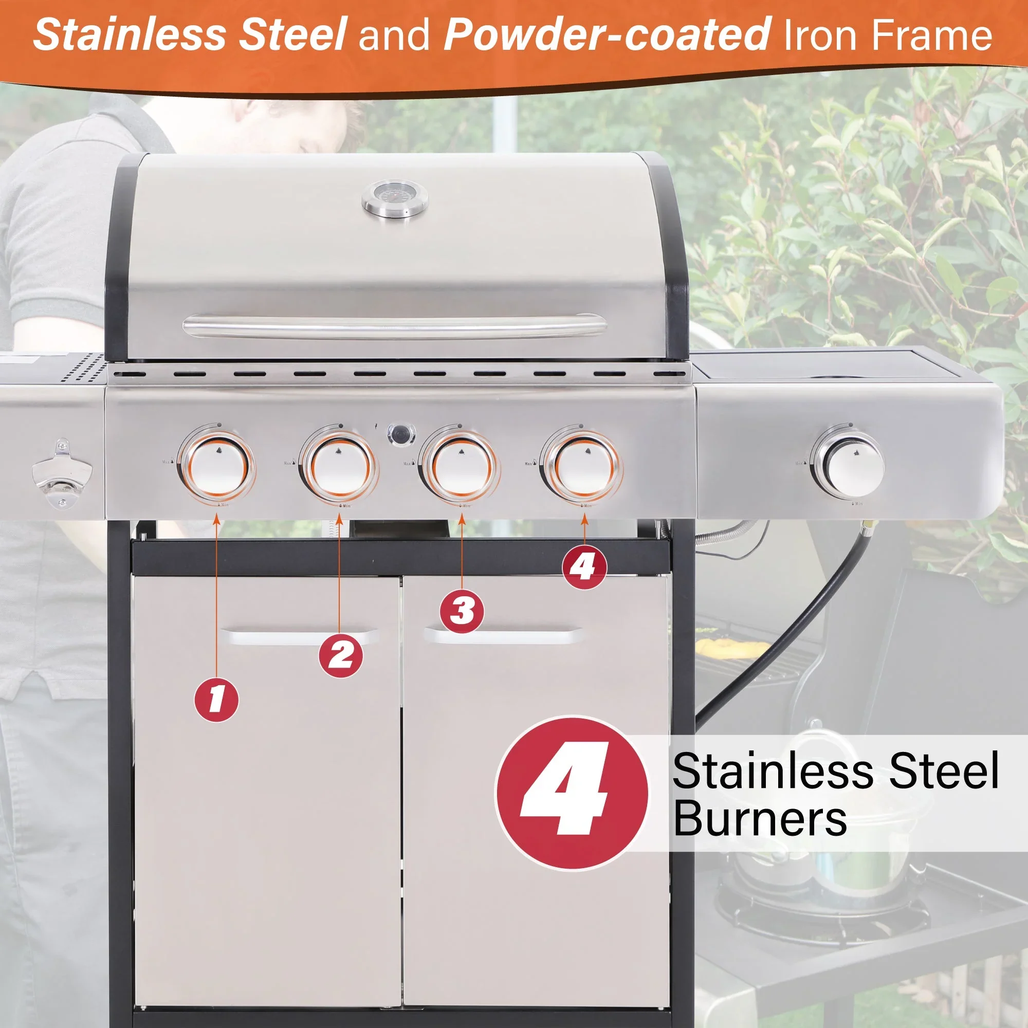 & William Stainless Steel Portable 4-Burner Propane Gas Grill with Side Burner