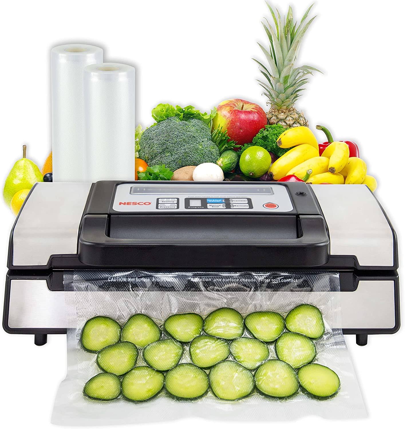 Nesco Deluxe Food VS-12 Vacuum Sealer, 130 Watts, Kit Bags & Viewing Lid, Compact, Silver