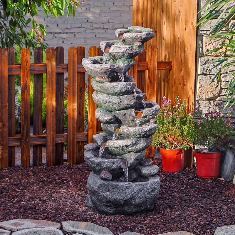 10-Tier Rock Waterfall Fountain �C 39.76 Cascading LED Feature for Garden & Patio