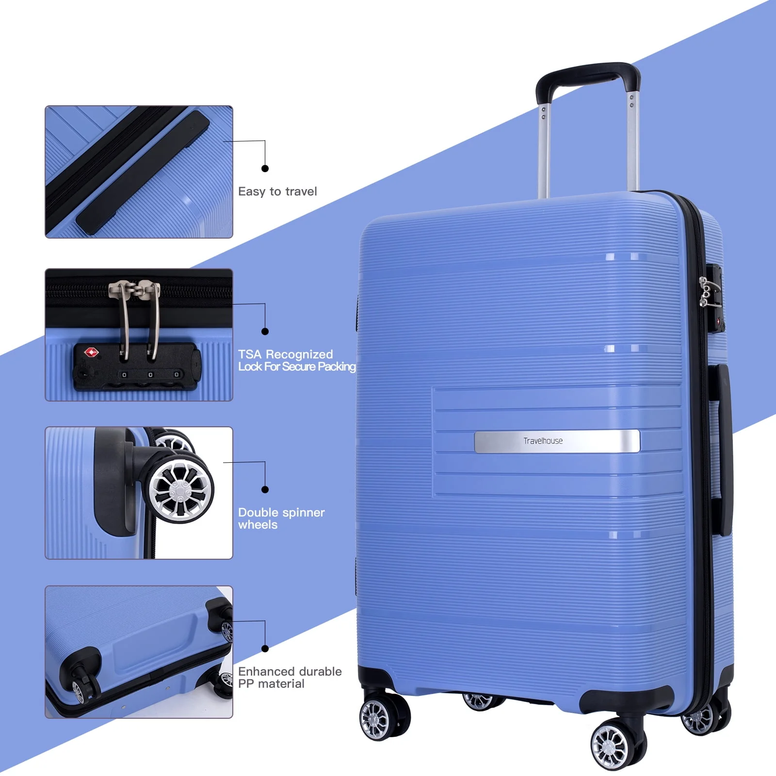 Tripcomp 3 Piece Luggage Sets, Hard Shell Carry on Luggage, PP Case with Two Hooks, Spinner Wheels, TSA Lock, Airline Approved, Lightweight Durable Suitcase, （20