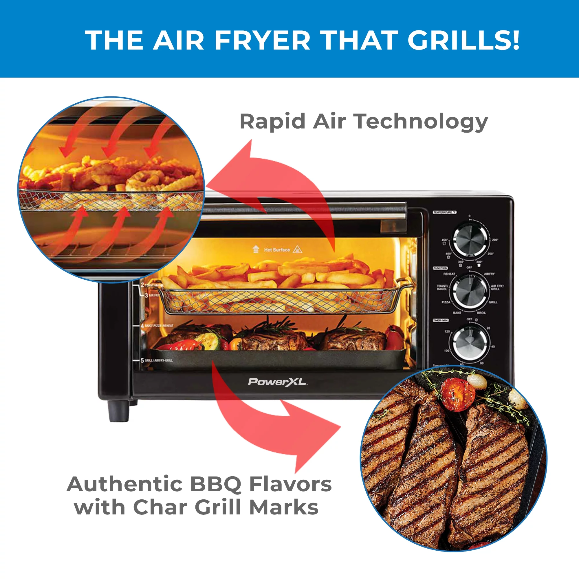 PowerXL Air Fryer Grill Plus. Toaster Oven. Black. 1500 Watts - MadeInUSA