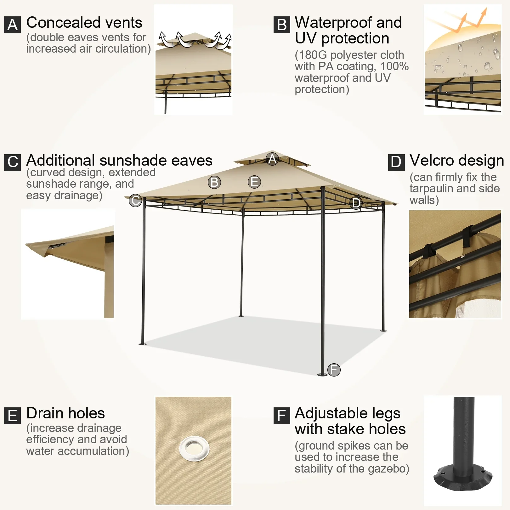SANOPY 10' x 10' Gazebos for Patios, Gazebo Canopy with 4 Mosquito Netting, Rainproof & Sunscreen Shelter Tent with Double Eaves for Garden Backyard and Deck