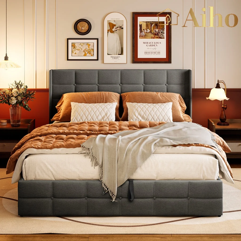 Full Lift Up Storage Bed, Full Size Bed Frame with Big Underneath Storage Modern Wingback Headboard No Box Spring Needed Gray(Full/Gray) - Image 7