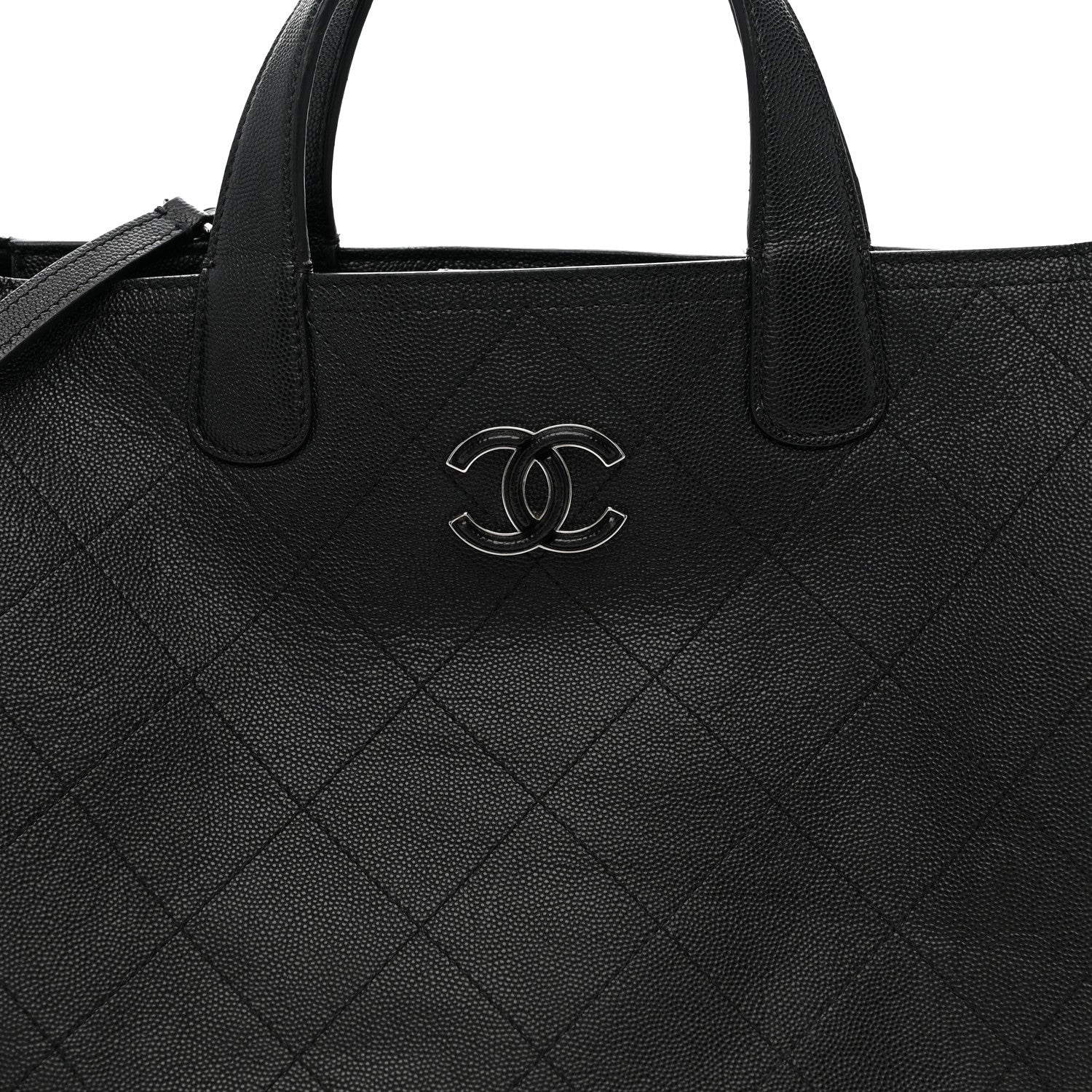 Caviar Stitched Large Lady Coco Shopping Tote Black