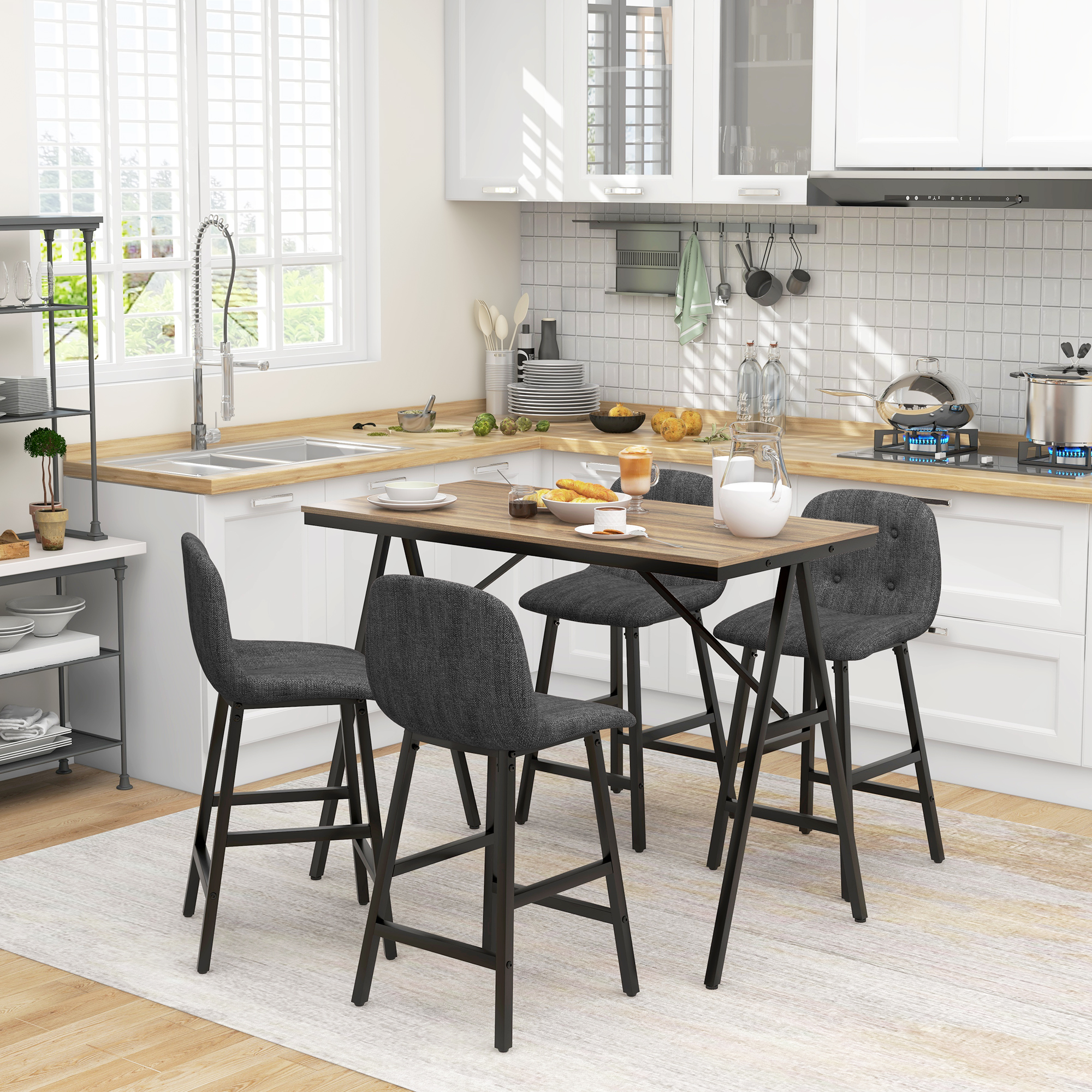 HOMCOM 5-delige Bargarnituur, Tafel en 4 Stoelen, Knoopafwerking, Dikke Bekleding, Linnenlook, Donkergrijs