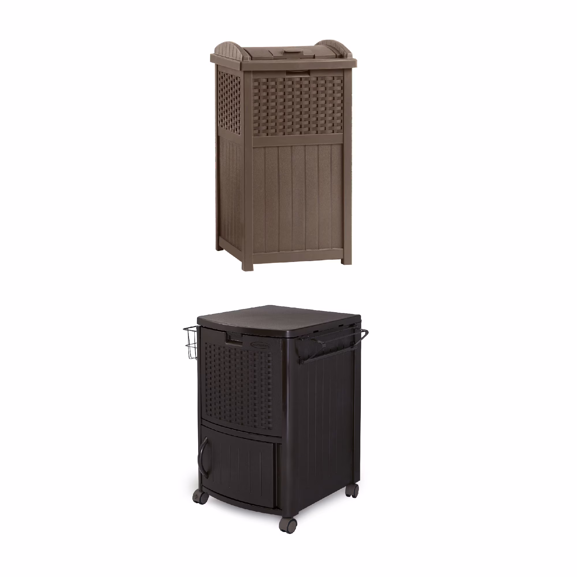 Suncast 77 Quart Patio Cooler W/ Cabinet and Basket W/ Wicker Trash Hideaway